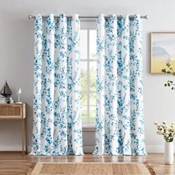 Melodieux Floral Curtains 96 Inches Long for Living Room, Farmhouse Blue Apricot Flower Print White Decorative Grommet Drapes, 52x96 Inch, 2 Panels