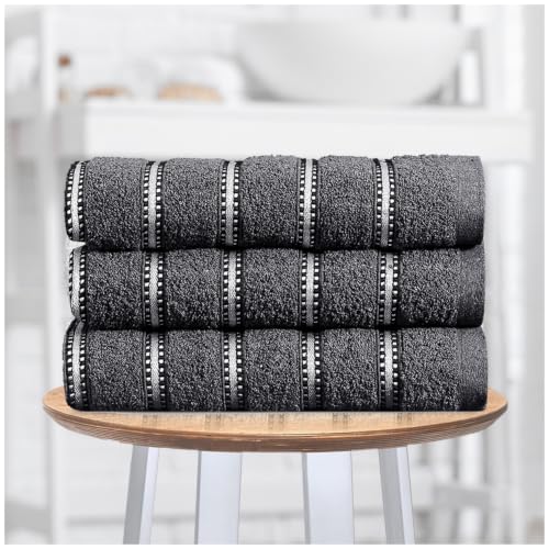GC GAVENO CAVAILIA Striped Hand Towels 50x90Cm - 3Pack Hand Towels For Bathroom Fast Dry & Highly Absorbent 600 GSM Towel Set - Super Soft, Hotel Quality Cotton Towels Sets For Spa Gym, Charcoal