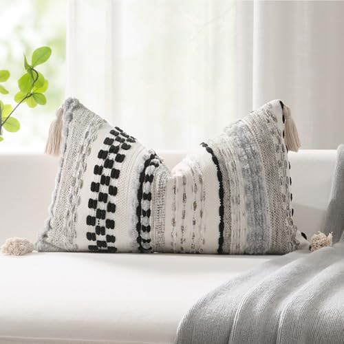 Kevin Textile 12x24 Inch Lumbar Throw Pillow Cover 1 Pack Boho Decorative Soft Chenille Thread Woven Tufted Textured Rectangle Cushion Case Farmhouse Accent for Living Room Couch Sofa Bed, Black