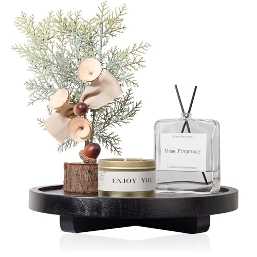 "Round Decorative Tray Wood Bathroom Counter Organizer Farmhouse Kitchen Decor Wooden Riser for Soap Dish, Perfume, Candle, Sponge, 9"" - Black"
