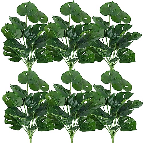 RECUTMS 6 Bundles Fake Plants Artificial Tropical Palm Tree Faux Leaves Shrubs Monstera Turtle Leaf Stems Indoor Outdoor UV Resistant for Home Office Decor Greenery Bouquet Filler