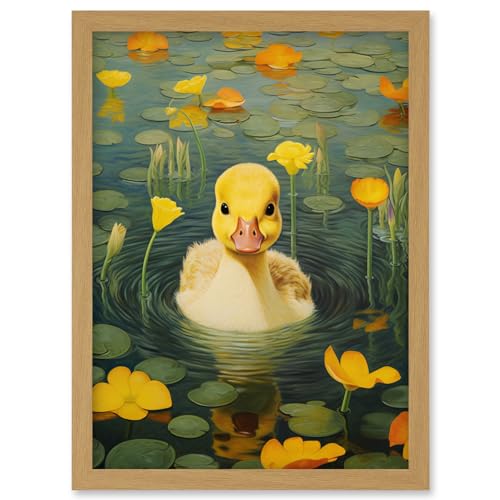 Artery8 Whirlpool Duckling Lily Pads and Flowers Kids Bedroom Nursery Artwork Framed Wall Art Print A4