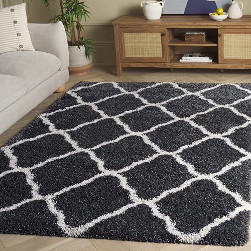 Safavieh Shaggy Indoor Woven Rectangle Area Rug, Hudson Shag Collection, SGH283, in Dark Grey / Ivory, 122 X 183 cm for Living Room, Bedroom or Any Indoor Space