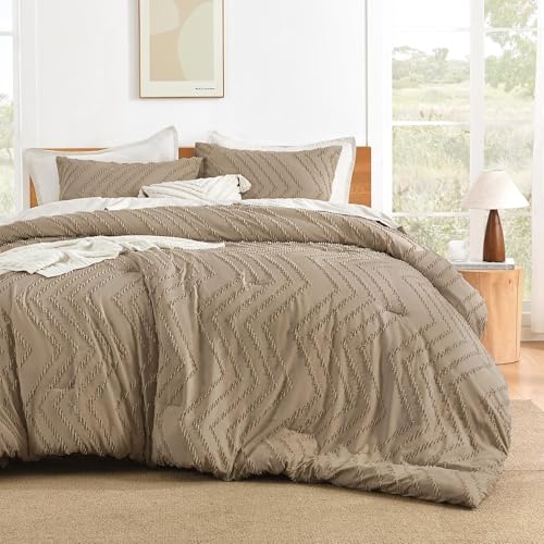 Litanika Taupe Super King Plus Comforter Set, 3 Pcs Boho Tufted Bedding Set - Oversized Alaskan King Neutral Lightweight Fluffy Chevron Textured Bohemian Bedding Set Gift Choice