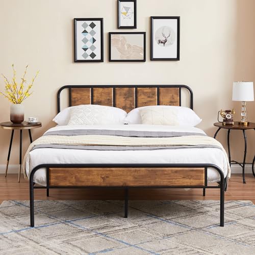 VECELO Double Bed Frame - 135x190 cm Metal Platform with Wooden Headboard & Footboard, Underbed Storage, No Box Spring Needed, Easy Assemble