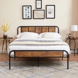 VECELO Double Bed Frame - 135x190 cm Metal Platform with Wooden Headboard & Footboard, Underbed Storage, No Box Spring Needed, Easy Assemble