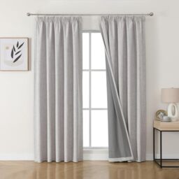 Joydeco 100% Blackout Curtains, Linen Curtains with Ruffle Tape, Set of 2, H 245 x W 140 cm, Grey White, Thermal Curtain, Cold Protection, Opaque, Sound Protection, Ideal for Living Room, Matches Rail