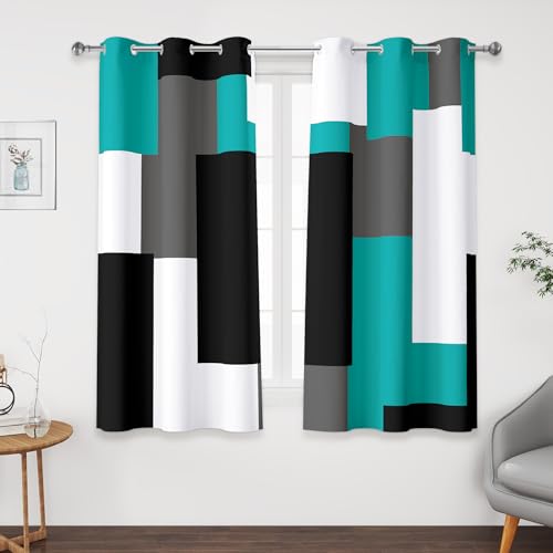 Tyrot Teal/Turquoise 100% Blackout Curtains 45 inch Length 2 Panels Set Black White Grey Modern Abstract Geometric Drapes for Kitchen Curtains Insulated Room Darkening Small Window Curtains, 42Wx45L