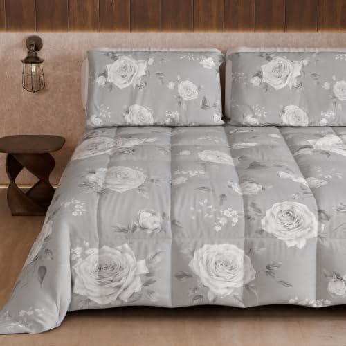 PETTI Artigiani Italiani Printed Winter Duvet 170 ?? 260 cm - Floral 21 Grey, reversible microfibre quilt, 300 g/m??, Made in Italy