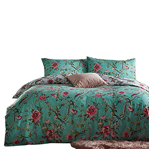 furn. Vintage Chinoiserie Duvet Cover and Pillowcase Set – Floral Exotic Bird Reversible Bedding (Jade – Single)