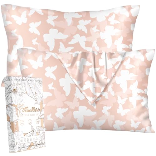 Miss Adola 2 Pack Mulberry Silk Pillowcase for Hair and Skin - Standard Size 20 x 26 Inches with Hidden Zipper PK Butterfly 19 Momme Soft Sleeping Silk Pillow Case for Women, Moms