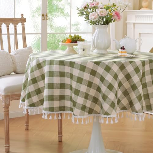 "Laolitou Green Checkered Round Tablecloth Washable Buffalo Plaid Table Cloth with Tassel Cotton Linen Gingham Table Cover for Family Dinner Decor, Green, Round, 60"", 2-4 Seats"
