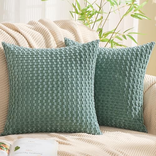 GAWAMAY Decorative Corduroy Throw Pillow Covers 24x24 Blue Green 2 Pack - Soft Farmhouse Cushion Covers Neutral Pillow Cases for Living Room Couch, Sofa, Bedroom, Only Covers No Inserts