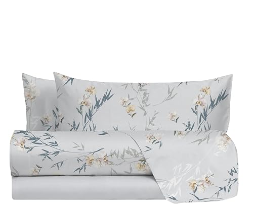 hermet Livia Avio 100% Cotton Double Bed Sheet Set, Double Bed Set, Top Sheet + Fitted Sheet + 2 Pillowcases