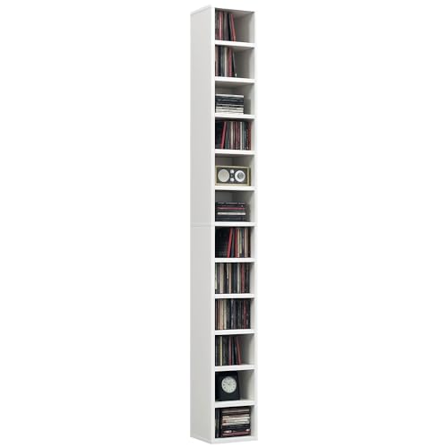 HOMCOM 204 CD Storage Unit, Storage Tower with 12 Tiers, 175cm Tall Narrow Storage Shelf for Living Room, Home Office, Study Room, White