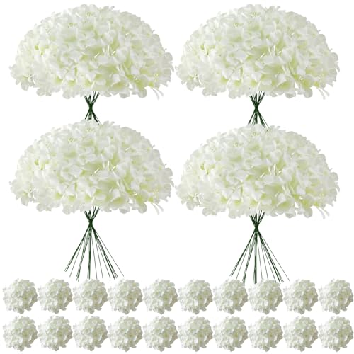 Cherica 100 Pcs Faux White Hydrangea Artificial Flowers Bulk, Fake Silk Hydrangea Flowers Heads with Stems for Wedding Decorations Garden Party Baby Shower Porch Home Decor Table Centerpieces
