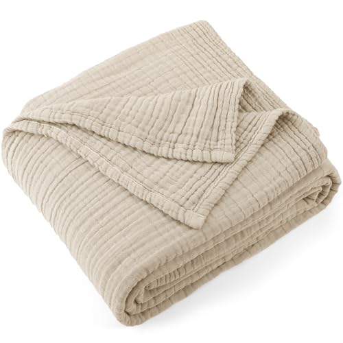 Carriediosa 100% Cotton Muslin Throw Blanket 90 x 90 Summer Gauze for Adult - 4-Layers Queen Size Throws for Bed Sofa Couch, Soft Lightweight Breathable Linen Blankets Bedspread All Season, Khaki
