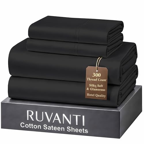 Ruvanti 100% Cotton Sateen Sheets California King Size, Black - Hotel Luxury Softness, 300 Thread Count, Deep Pocket, 14 Fit, Cooling Bedding, 4 Pieces