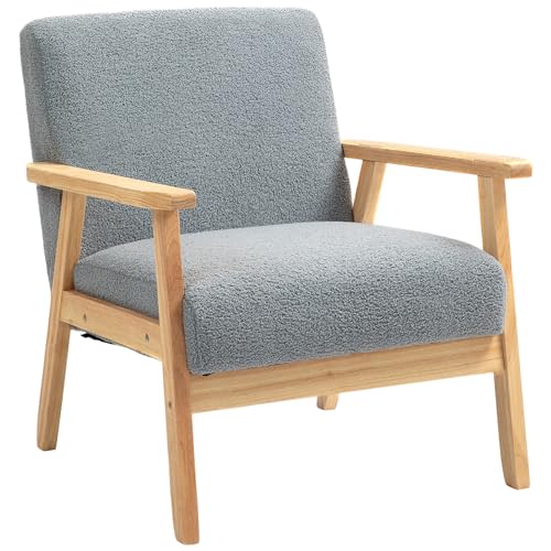 HOMCOM Modern Armchair, Sherpa Fleece Upholstered Accent Chair with Solid Wood Legs and Wide Seat, Padding Lounge Chair for Living Room Bedroom Office, Grey
