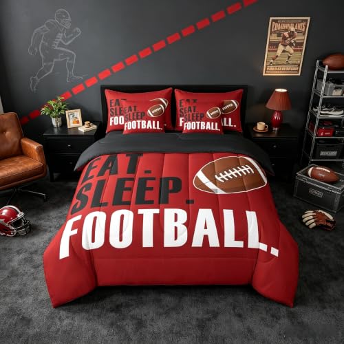 Feelyou Football Comforter Set with Sheets Twin Size Rugby Sports 7 Pieces Bedding Set for Kids Boys Girls Teens Sports Red Ball Game Bed in a Bag Gift for Football Lover Bed Set