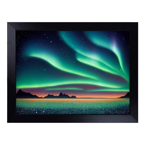 Lap Tray with Bean Bag Cushion, Flourishing Northern Lights - Handmade in the UK, Raised Wooden Edge, Padded Cushion, Heat-Resistant Wipe-Clean Surface, for Meals, Laptops and Crafts