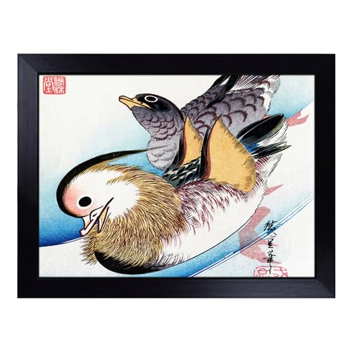 Lap Tray with Bean Bag Cushion, Two Mandarin Ducks By Utagawa Hiroshige - Handmade in the UK, Raised Wooden Edge, Padded Cushion, Heat-Resistant Wipe-Clean Surface, for Meals, Laptops and Crafts
