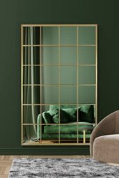 "MirrorOutlet The Fenestra - Gold Modern Window Full Length Leaner/Wall Mirror 69"" X 43"" (174CM X 110CM) Silver Mirror Glass with Gold Metal Frame"