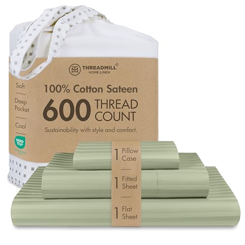 "Threadmill 600TC Cotton Twin Sheet Set, Sateen, Damask Stripe, Sage Green - 100% Cotton, Sateen Weave, Damask Stripe Pattern, 3-Piece Set, 15"" Deep Pocket, Cooling, OEKO-TEX Certified, Machine Washable"