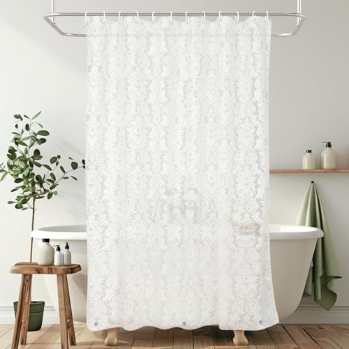 HADEEONG PEVA Shower Curtain, 72 x 72 Water Repellent Premium Bathroom Shower Curtain with 3 Magnetic Weights for Shower Stall, Bathtubs (White Flowers)