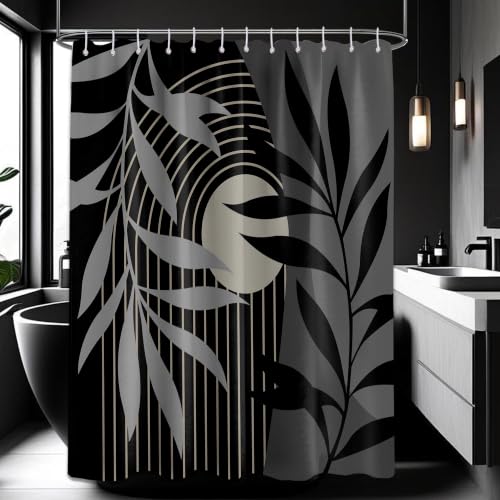 "DLTAY Boho Black and Grey Shower Curtain, Mid Century Modern Black and Gray Shower Curtains for Bathroom, Waterproof Fabric Set with Hooks, (70"" W X 96"" L)"