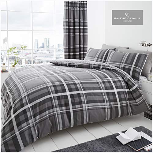 Gaveno Cavailia Easy Care Checkered Duvet Cover Quilt Bed Set With Pillow Case, Reversible, Poly Cotton, Newton Tartan Check Grey, Double Size Bedding