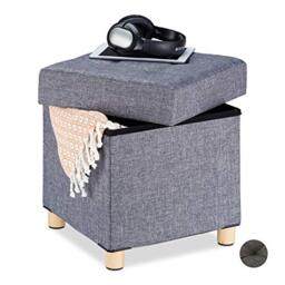 Relaxdays Storage Ottoman, Soft Padding, Quilted, Fabric Cover, Cube Seat, HxWxD: 40 x 38 x 38 cm, Grey
