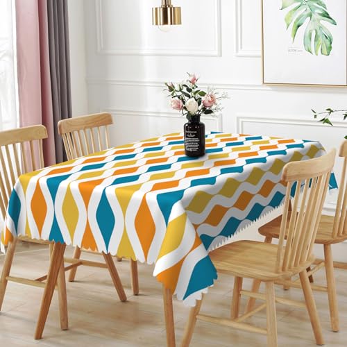 TTQYFNM 60x102inches Mid Century Tablecloth Orange Yellow Turquoise Geometric Stripes Table Cloth Waterproof Stain Resistant Rectangle Table Cover for Dining Room Home Decor Cafe Indoor Outdoor Use