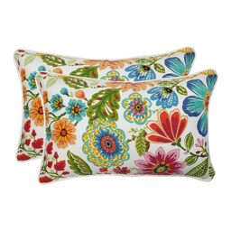 "Pillow Perfect Bright Floral Indoor/Outdoor Accent Throw Pillow Plush Fill, Weather, and Fade Resistant, Lumbar - 11.5"" x 18.5"", Blue/Purple Gregoire 2 Count"