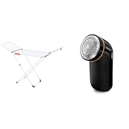 Vileda Extra X-Legs Clothes Airer, Indoor Clothes Drying Rack with 20m Washing Line, White & PHILIPS Fabric Shaver, Black, Pack of 1