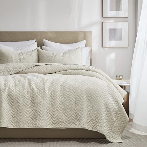 palassio Beige 100% Cotton Quilt Twin Size Bedding Sets with 1 Pillow Sham, Lightweight Textured Farmhouse Country Bedspread Soft Shabby Chic Patterned Coverlet for All Season, 2 Pieces