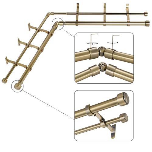 Mayrhyme Antique Bronze Double Corner Window Curtain Rods with Aluminum End Cap Finials and Brackets,1 Inch Diameter Dual Bay Window Curtain Rods, Adjustable 2 Sided 32-86 Inch Double Drapery Rod