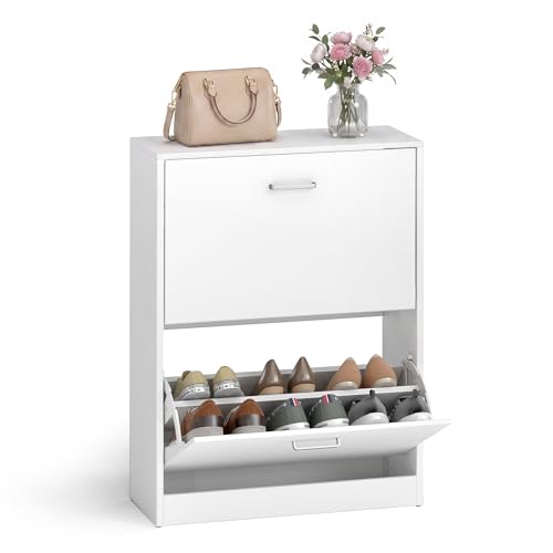 VASAGLE Shoe Cabinet with 2 Flip Doors, Adjustable and Removable Divider, for 12 Pairs of Women's Shoes or 8 Men's Shoes, for Narrow Entrance, 60 x 24 x 83.5 cm (L x W x H), White LBC02WT