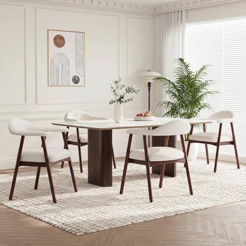 MALOL Wooden Dining Chairs Set of 4, Fabric Chairs for Dining Room with Armrest, Upholstered Kitchen Chairs with Curved Back and Wood Legs for Dining Room, Kitchen, Living Room, Beige