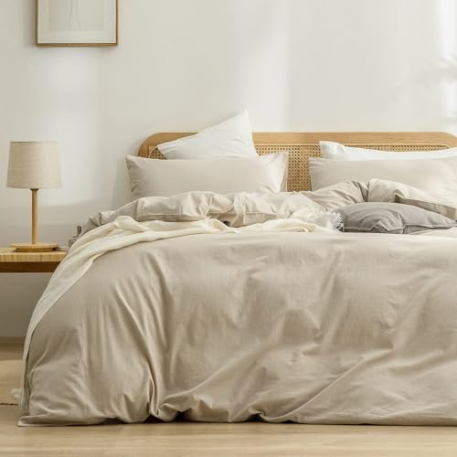 BESTOUCH Cotton Solid Duvet Cover Set Almond Milk Grey Oversized Full - 100% Washed Cotton, Soft Wrinkle Texture, Hidden Zipper, 8 Ties, Breathable Lightweight Durable Comfy, 3 Pcs No Insert