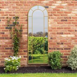 "MirrorOutlet The Arcus - Gold Framed Modern Full Length Arched Leaner Garden Wall Mirror 67"" X 24"" (170CM X 60CM) Silver Mirror Glass with Black All weather Backing."