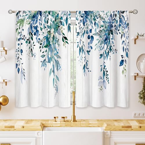 oolygoo Navy Wooden Eucalyptus Small Kitchen Curtains Watercolor Leaves Window Treatment Flower Floral Plant Botanical Cafe Short Curtains for Bathroom Dining Fall Tier Treatment Drapes 26x30 inch