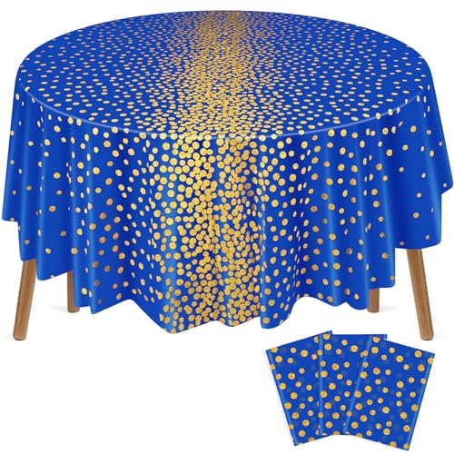 VitalCozy Round Dot Tablecloth 84 Inch Plastic Table Cover Polka Dot Confetti Tablecloths for Easter 2026 Graduation Prom Wedding Birthday Spring Party Supplies(Blue and Gold,3 Pcs)