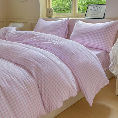 NSNLGSGC King Size Comforter Set, Pink Gingham, 3 Pieces - Pink Grid Bed Comforter, 1 Comforter, 2 Pillowcases
