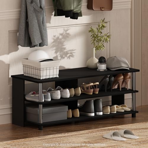 Furinno TURN-N-TUBE Shoe Rack, 3-Tier Shoe Organizer, Compact Shoe Storage with Open Shelves and Stainless Steel Tubes, 39.37 x 104.39 x 40.13 cm, for Closet Entryway, Office, Garage, Americano