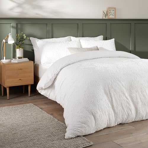 Duvet Day Seville Leaf Duvet Cover Set – Tufted Soft Touch Leaf Design with Easy-Care Finish (White - Single)