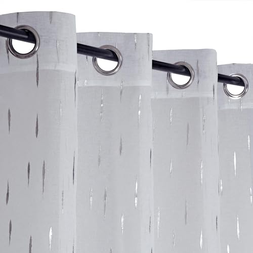 Atout Ciel Printed Net Curtain with Eyelets 140 x 240 cm Silver Ready to Hang White