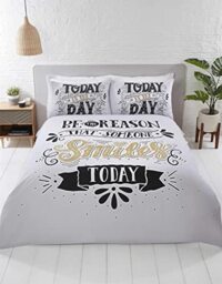 Rapport Home Grey Kingsize Duvet Cover Set with Black and Gold Typography and Printed Pillowcases
