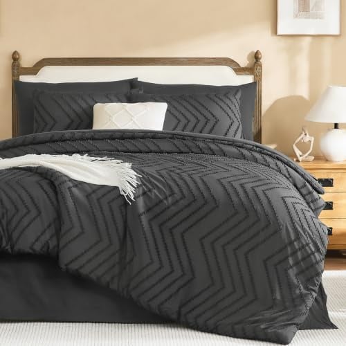 Litanika California King Comforter with Sheets, 7 Pieces Boho Bed Set - Dark Grey Bed in a Bag Fluffy Lightweight Neutral Soft Warm Chevron Tufted Textured Bed Set