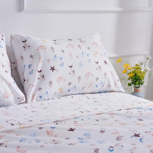 Underwater World Sea Animal Full Sheet Set for Kids - Fish, Whale, Cute and Cozy Bedding - Girls Boys Children - Deep Pocket, Wrinkle Free Soft Bed Sheets - 4PC